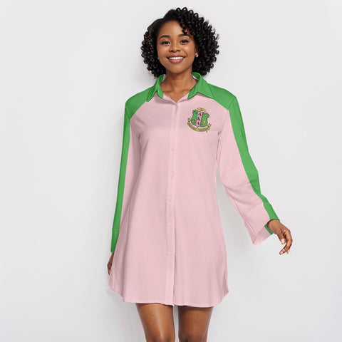 Image of Alpha Kappa Alpha Lapel Shirt Dress With Long Sleeve