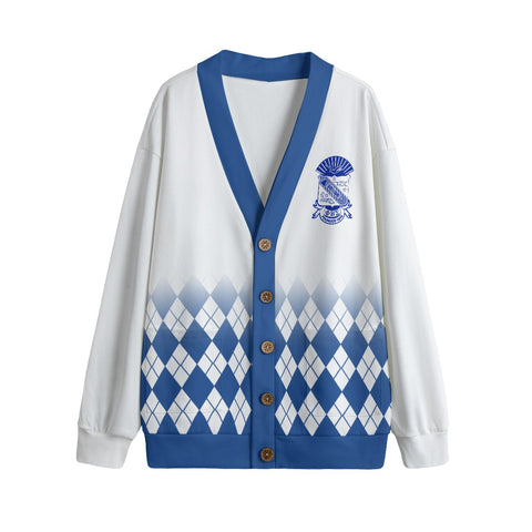 Image of Phi Beta Sigma All-Over Print Unisex V-neck Knitted Fleece Cardigan With Button Closure