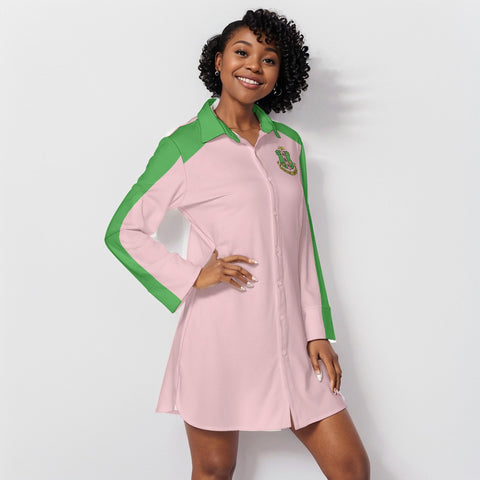 Image of Alpha Kappa Alpha Lapel Shirt Dress With Long Sleeve