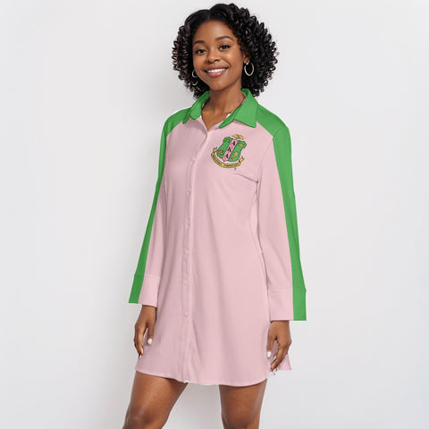 Image of Alpha Kappa Alpha Lapel Shirt Dress With Long Sleeve