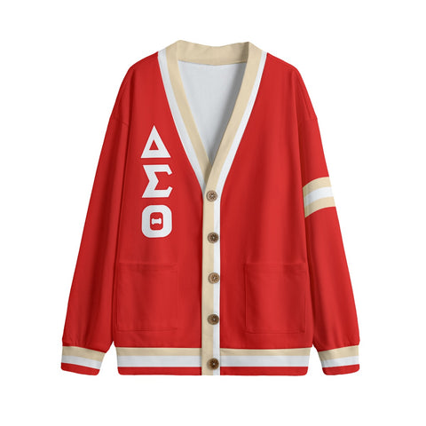 Image of Delta Sigma Theta V-neck Knitted Fleece Cardigan With Button Closure